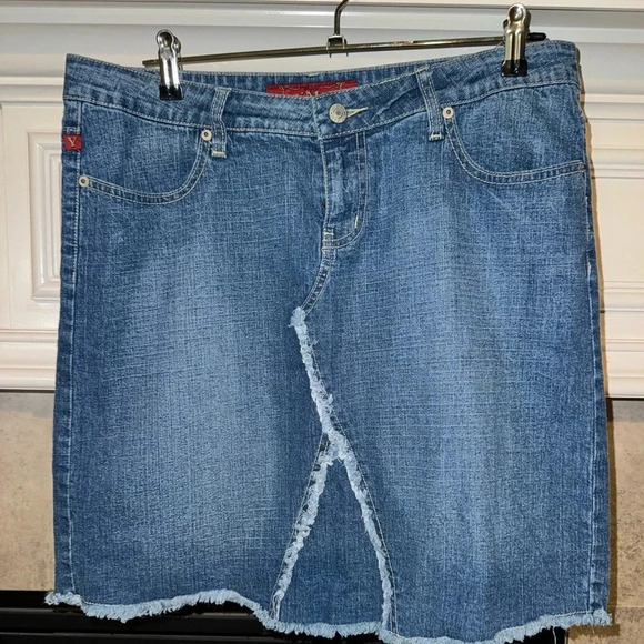 YMI Dresses & Skirts - YMI Y2K Mid Length Patched-Frayed Denim Faded Skirt- Juniors Size 13